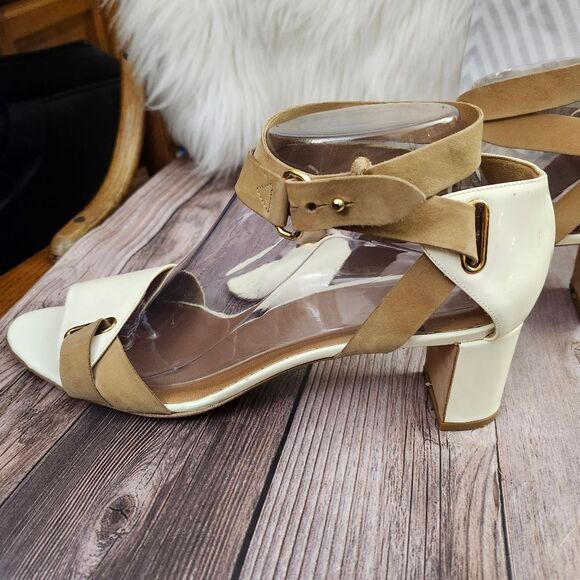Pierre Hardy Cream/Tan Vtg Leather Ankle Wrap Block Heel Shoes Sz 40/9 - Picture 1 of 16